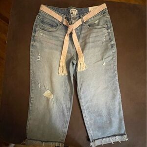 Maurices Light Blue Distressed Boyfriend Jeans with Pink Braided Belt